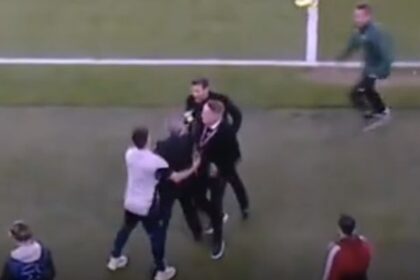 Diego Simeone pushes Arsenal chief Andrea Berta on touchline as UEFA official rushes in