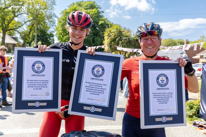 ‘We’re just an ordinary father and son that went out on quite a long bike ride’ – duo break three world records with around-the-world cycle